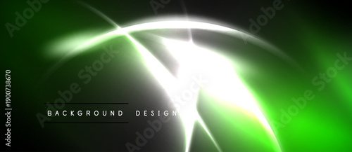 Abstract green light streaks, bright central glow. Dark background creates dramatic visual effect. Text reads background design.