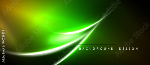 Abstract green background. Smooth curves create dynamic flow. Dark edges frame vibrant central glow. Modern design element.