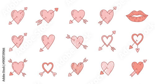 Hand-drawn pink hearts with arrows and lips, Valentine's Day icons, for social media or greeting card