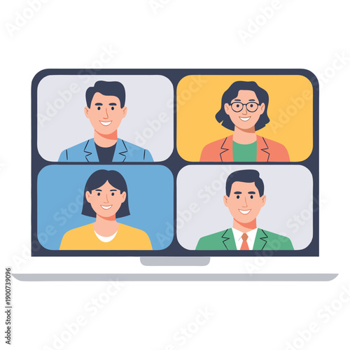 A digital illustration depicts a laptop screen showcasing a video conference with four diverse participants smiling high quality professional