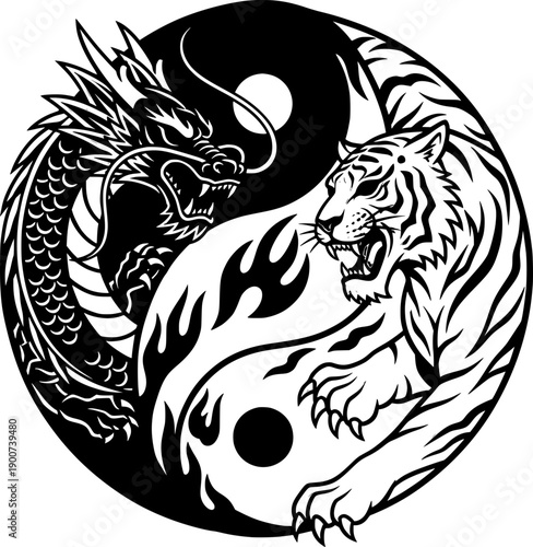 Black and white vector illustration of a dragon and tiger in tribal tattoo style, circular symbolic composition representing balance, duality, strength and opposing forces