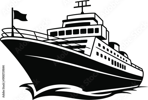 A large cruise ship sailing on the open sea with a flag on top.