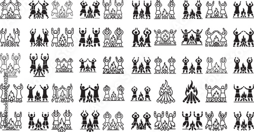 stick figures dancing around campfires in various poses and line art styles