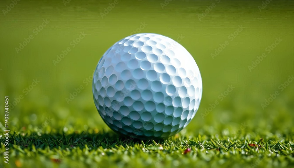 Fototapeta premium Close-up of a dimpled golf ball on a green putting surface, impact, golf