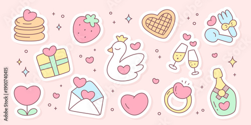 Kawaii St. Valentine day sticker set. Cute illustrations featuring hearts, sweets, gifts, strawberry, ring, swan, champagne glasses for romantic designs. Vector 10 EPS. 