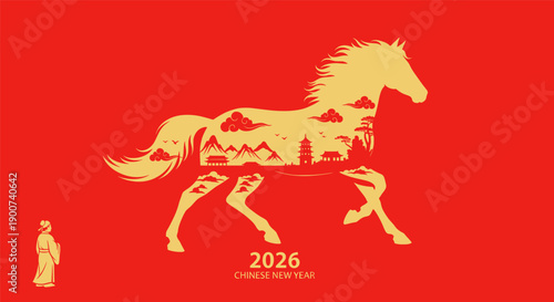 Chinese New Year 2026 Fire Horse running with lantern, traditional red and gold vector banner design