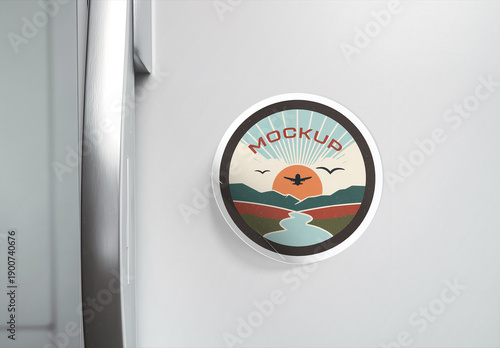 Circular Sticker Mockup on Refrigerator Door – Blank Label on Fridge