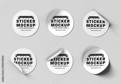 Set Of 6 Isolated Rounded Stickers Mockup
