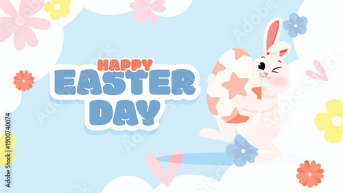 Happy Easter Day Background with Cute Bunny and Spring Flowers