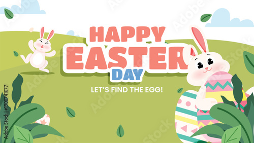 Happy Easter Celebration Background with Bunny and Leaves