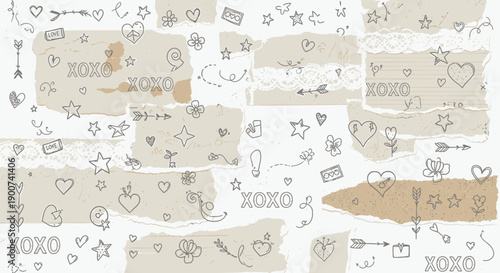 Beige and gray Valentine's Day stickers with 'XOXO', hearts, stars, and love symbols, scrapbook or journal overlay effect