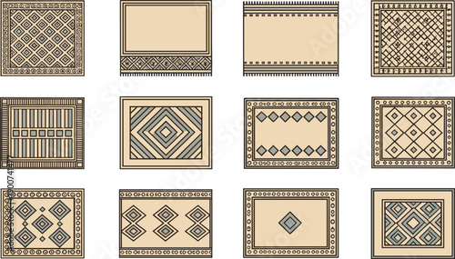 Set of decorative ethnic rug and carpet vector illustrations representing textile patterns, boho design and home decor backgrounds