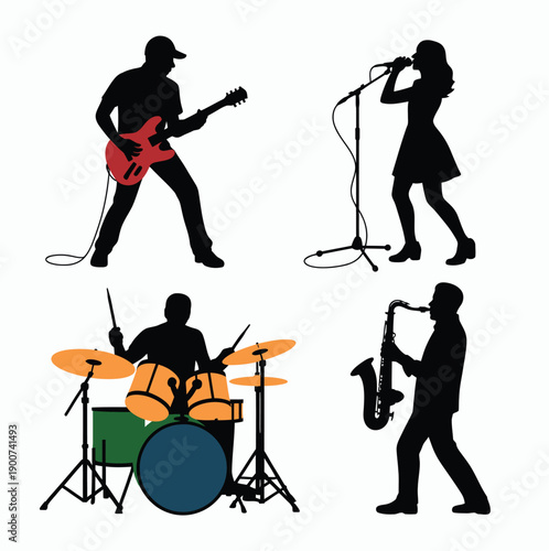 Rock band performing, featuring guitarist, singer, drummer, and saxophonist isolated on white background.