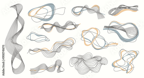 Vector abstract swirling line art, ribbon or wireframe shapes in gray, blue, and orange, for website background or overlay effect, Isolated on transparent background, png