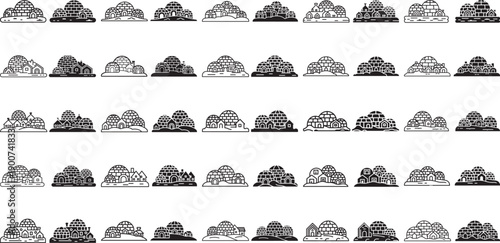 village homes and houses with domed roofs in various architectural styles and shades of gray on white background