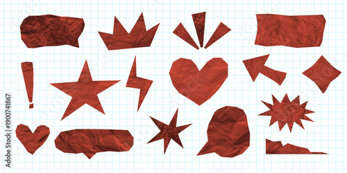 Paper cutout set, speech bubble, halftone texture crumpled text box, dialog frame. Collage red speech bubble set, conversation retro sticker.