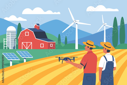 wind turbine farm with workers and city background cartoon illustration