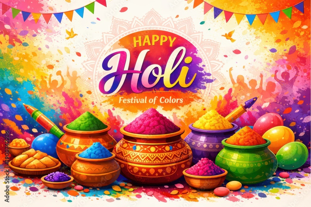 Fototapeta premium Colorful Holi festival scene with powder in traditional bowls, sweets, balloons, people and celebration banner