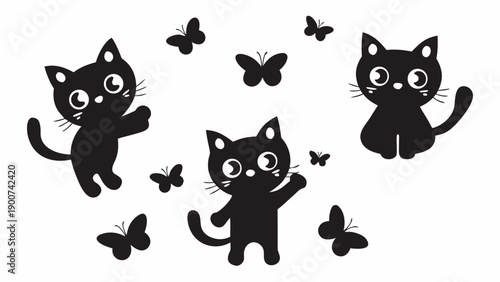 Three playful black cats chasing butterflies in whimsical scene