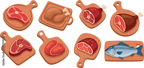 Set of fresh raw meat steaks, chicken and fish on wooden cutting boards, butcher shop food flat vector illustration collection