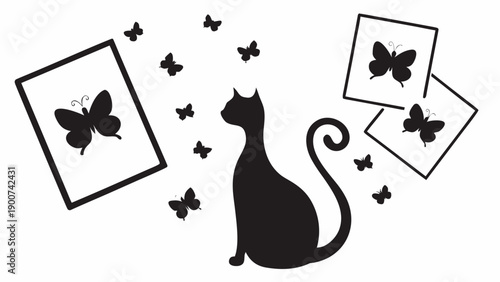 Curious cat surrounded by butterflies and framed pictures