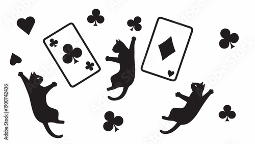 Whimsical cats play with floating playing cards in mid air