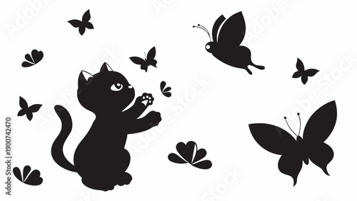 Curious cat playfully chasing butterflies in mid air