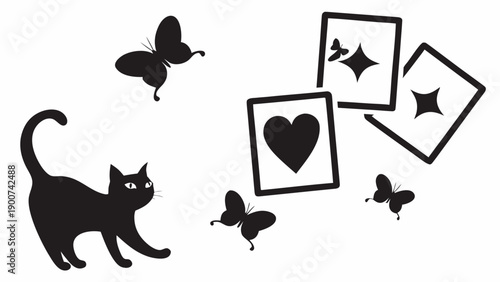 Playful cat and butterflies with heart shaped photos