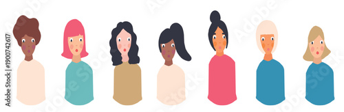 A collection of female cartoon faces with one of them having a surprised expression vector illustration.