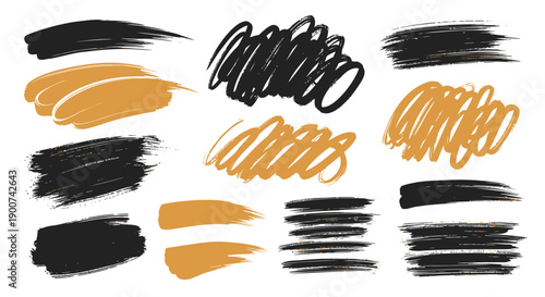 Black and orange brush strokes, vector illustration of abstract painting brushstrokes, texture overlay for design, artistic strokes for mockup or website background