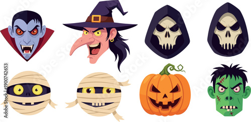 Set of halloween cartoon character faces including vampire, witch, skull, mummy, pumpkin and monster, spooky flat vector illustration collection