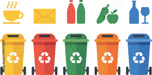 Recycle bin icon set with colorful trash and recycling containers isolated on white background vector illustration