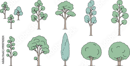 Set of hand drawn green tree vector illustrations representing nature, forest, landscape and ecology concepts