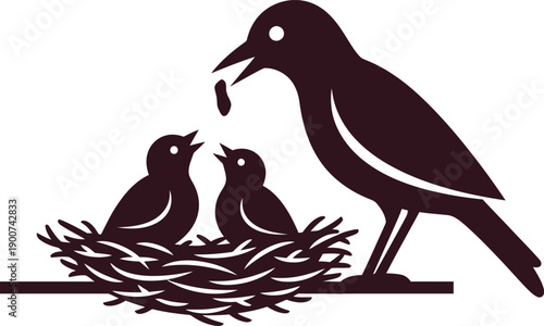 Mother bird feeding her chicks in the nest isolated on transparent background