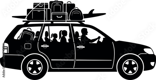 Black silhouette of a family car with luggage on roof rack isolated on transparent background