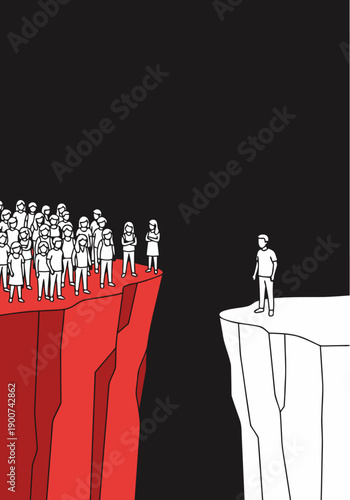 A lone person on a white cliff faces a stark chasm, separated from a large group on a red cliff, symbolizing choice and individuality