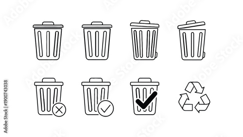 A simple illustration of trash cans and recycling symbols on a white background