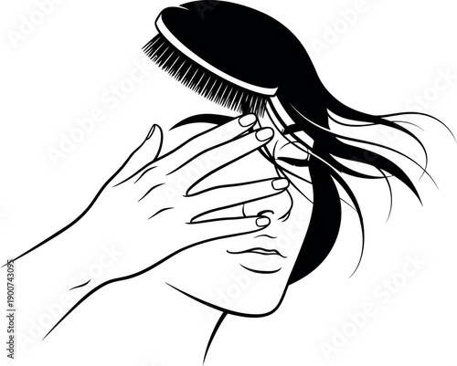 A person brushing their hair with a brush isolated on transparent background