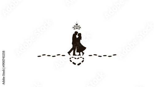 A romantic couple dancing under a snowflake with heart footprints