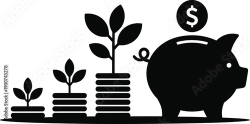 Black silhouette illustration of piggy bank with growing plants and coin.