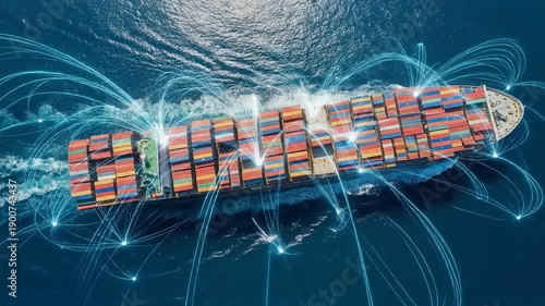 Wallpaper Mural Aerial view of large container ship sailing in ocean with digital network connections representing global shipping logistics Torontodigital.ca