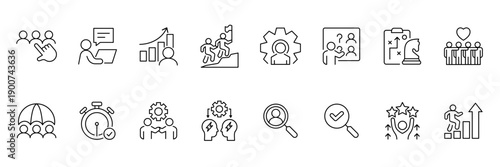 Human resources icon set. Teamwork, leadership, planning, success. Vector illustration.