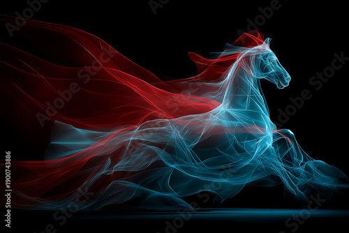 A glowing blue horse with a flowing red cape runs through a dark space with vibrant energy lines.