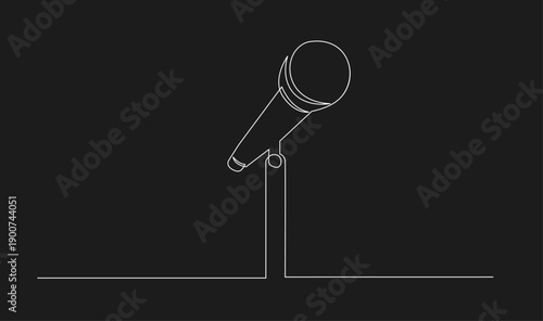Continuous Line Art Microphone on Stand Against Black Background
