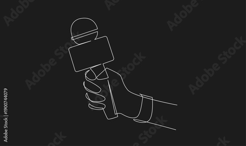 One line drawing of a hand holding a microphone for an interview or news report