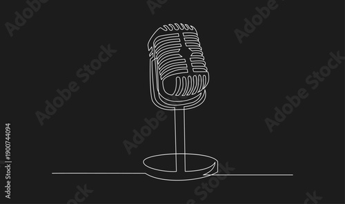 Continuous Line Drawing of a Vintage Microphone on a Stand against a Black Background