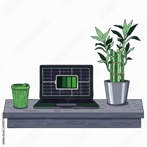 Eco-friendly laptop powered by solar energy with a green plant and coffee cup on a desk, representing sustainable technology and green office.