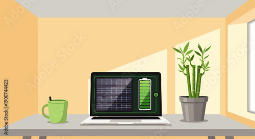 Laptop powered by solar energy in a bright, eco-friendly home office, symbolizing sustainable technology, green power, and renewable resources for modern living.