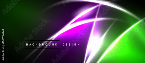 Abstract neon lights, vibrant green, purple gradients. Dynamic curves intersect, creating modern background design. Dark edges frame bright center.