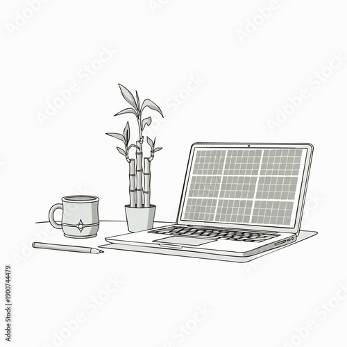 Sustainable remote workspace illustration with laptop powered by solar energy, a bamboo plant, and coffee mug, symbolizing eco-friendly technology and green productivity.
